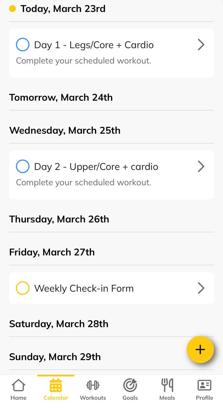 The coaching app calendar showing scheduled workouts and the Friday weekly check-in form