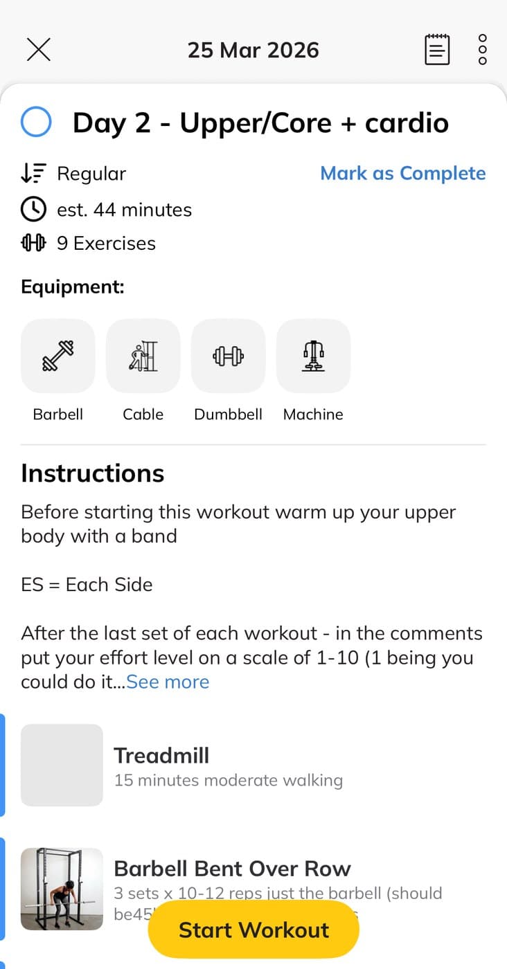 A workout day in the app: warm-up instructions, equipment list and exercises with demo videos